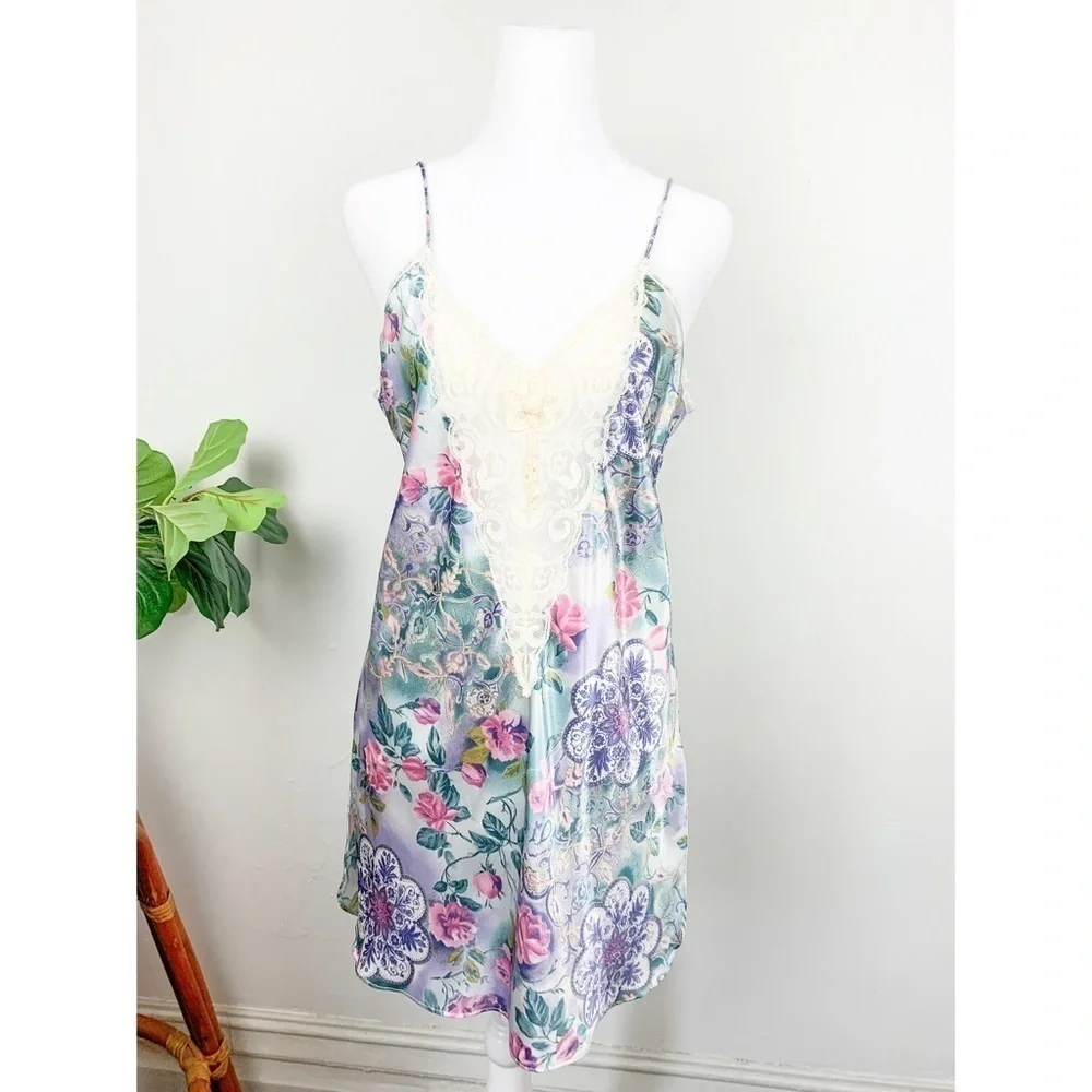 Vintage 60s Laura Gayle Paisley Floral Lace Mini Slip Dress Sz M - Picture 3 of 11